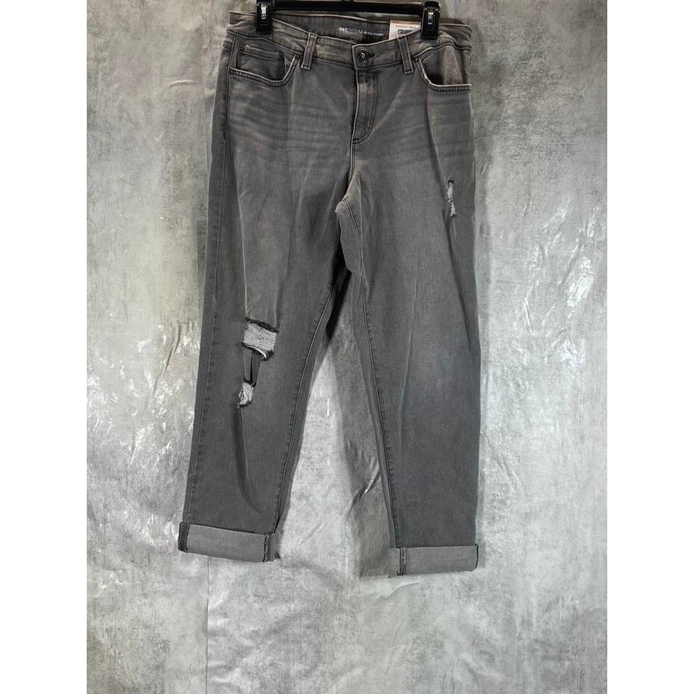 INC International Concepts Women's Grey Mid-Rise Ripped Straight-Leg Jeans SZ 12